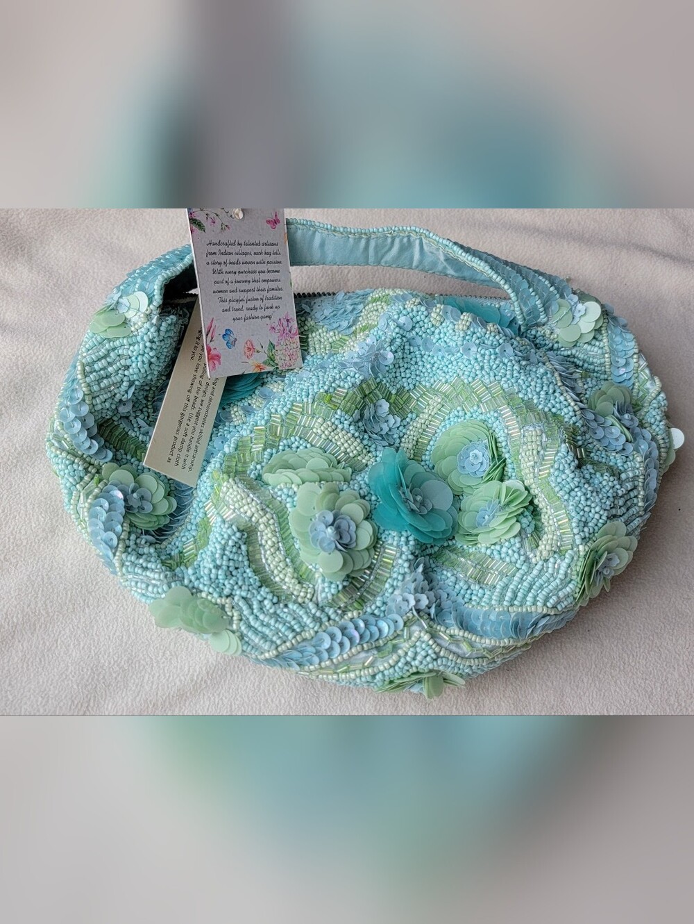 Hand-Embellished Beaded Floral Tote Bag - Light Blue & Mint
